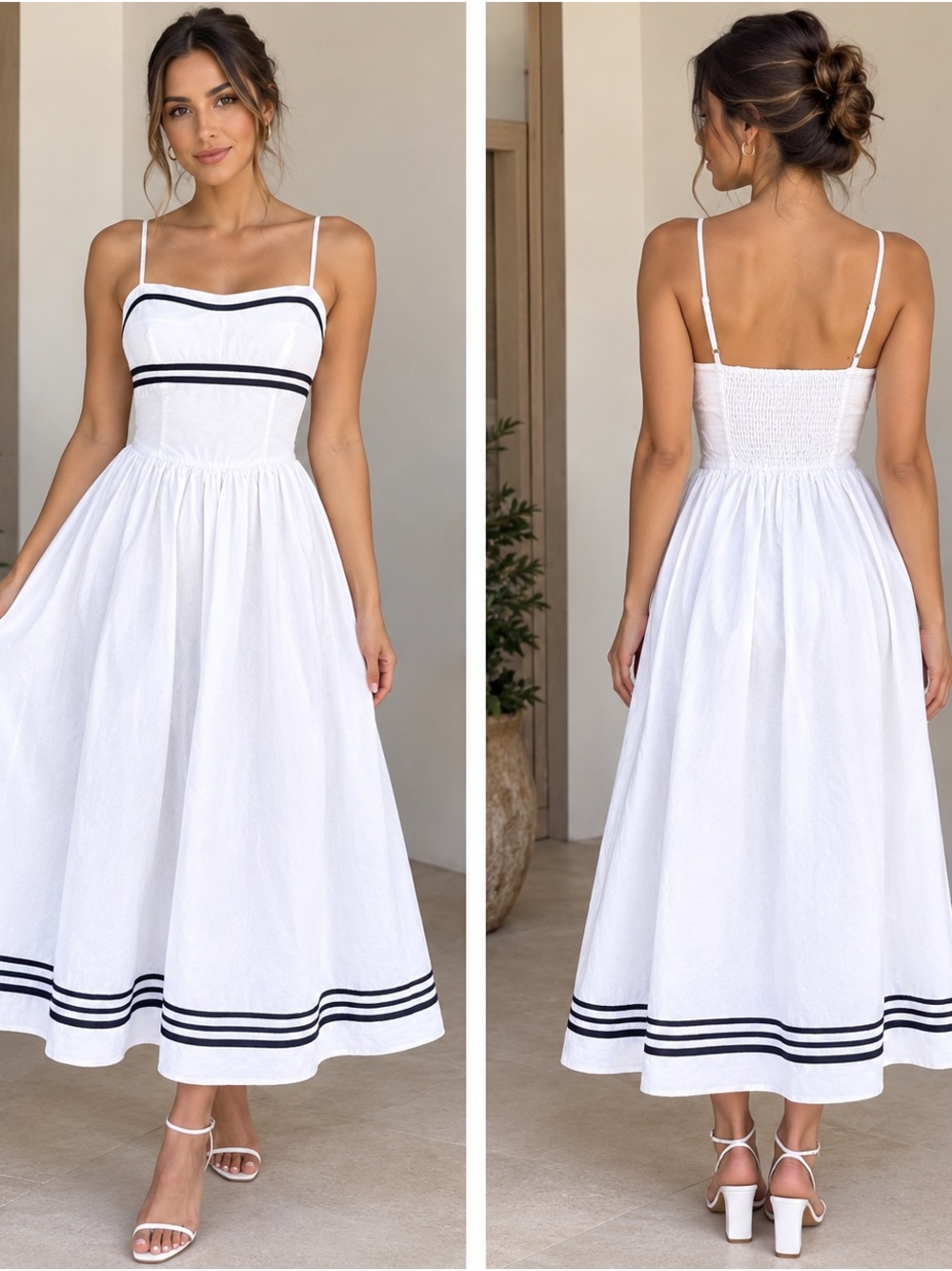 White Midi Sundress with Black Stripe Detail - Elegant Spaghetti Strap Dress